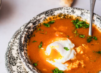 Tomato Soup with Poached Eggs