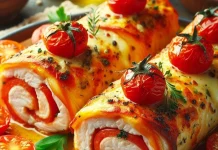 Baked fish fillet rolls with Tomato and Cheese