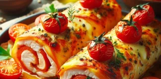 Baked fish fillet rolls with Tomato and Cheese