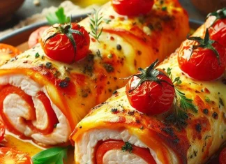 Baked fish fillet rolls with Tomato and Cheese