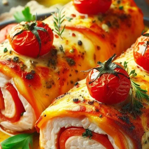 Baked fish fillet rolls with Tomato and Cheese