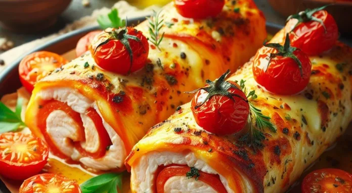 Baked fish fillet rolls with Tomato and Cheese